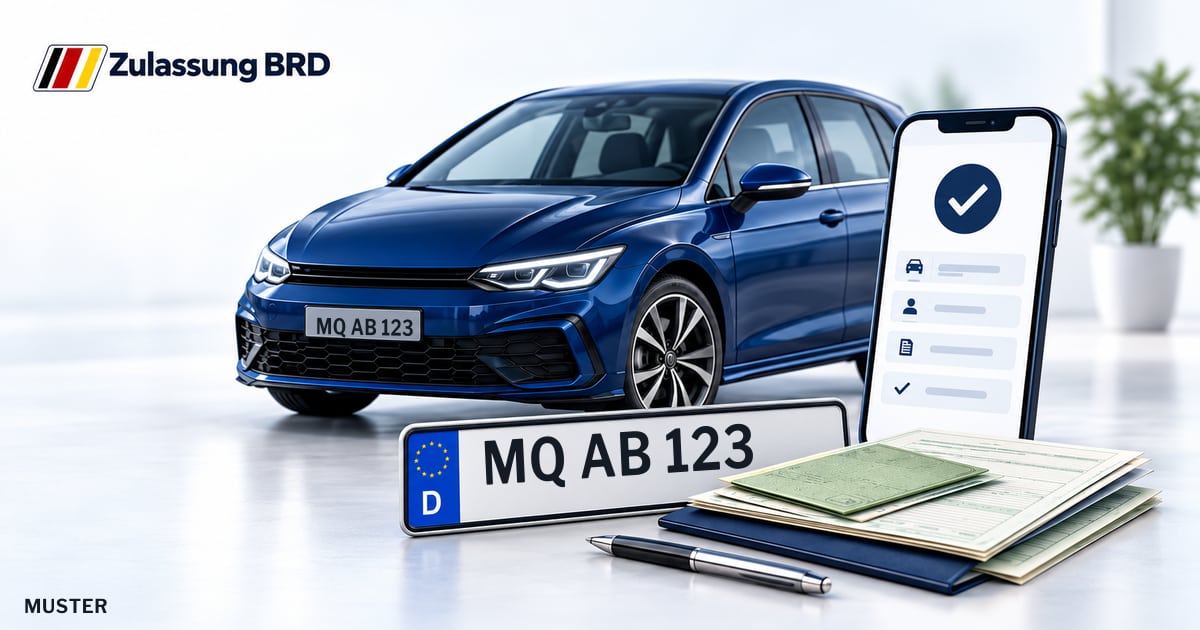 Online Fahrzeugzulassung in Bad Dürrenberg: Musterkennzeichen MQ AB 123, Auto und Fahrzeugpapiere und Smartphone. Illustration mit Logo von Zulassung BRD.